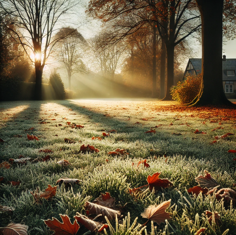 an image representing a suburban lawn just after the first frost in kansas city, capturing the transition of the season with frost-touched grass and fallen autumn leaves